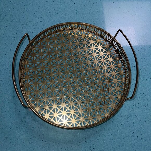 Vintage Gold Tone Metal Footed Drink Serving Tray With Handles - Picture 7 of 9